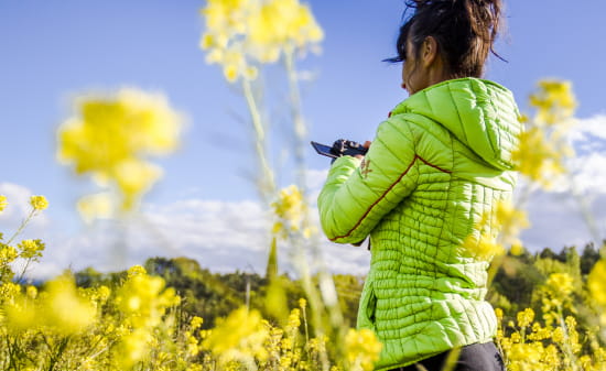femme photographe avec un blouson vert dans un champ de colza